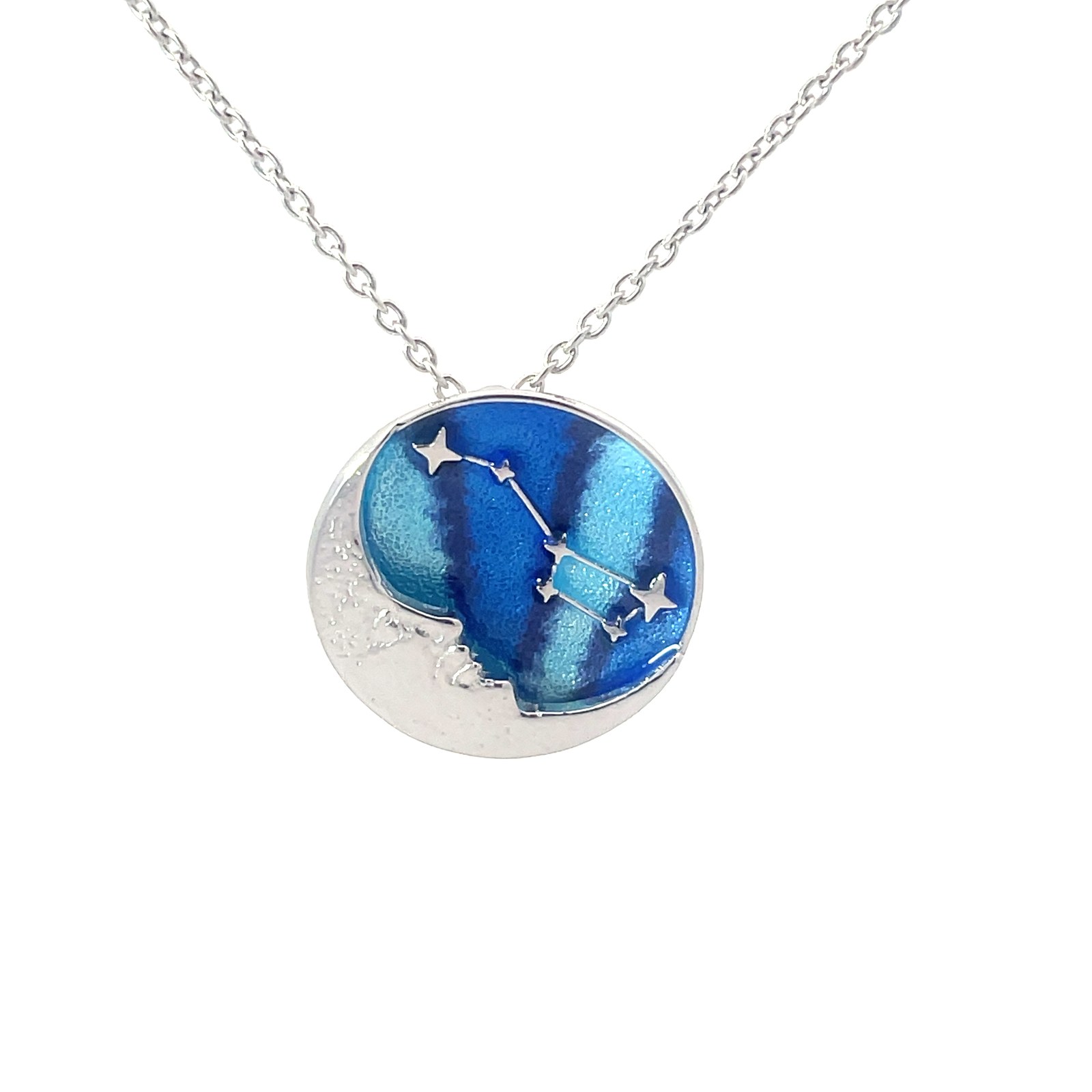 NNA .jpg Sterling silver hand enamel blues star and moon necklace on adjustable chain rhod plated