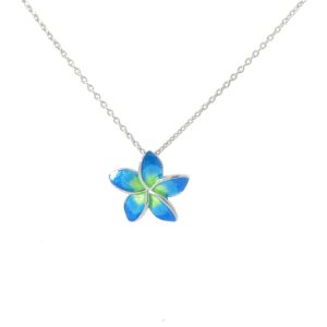 Sterling silver hand enamel blue and green plumera flower on adjust chain rhod plated