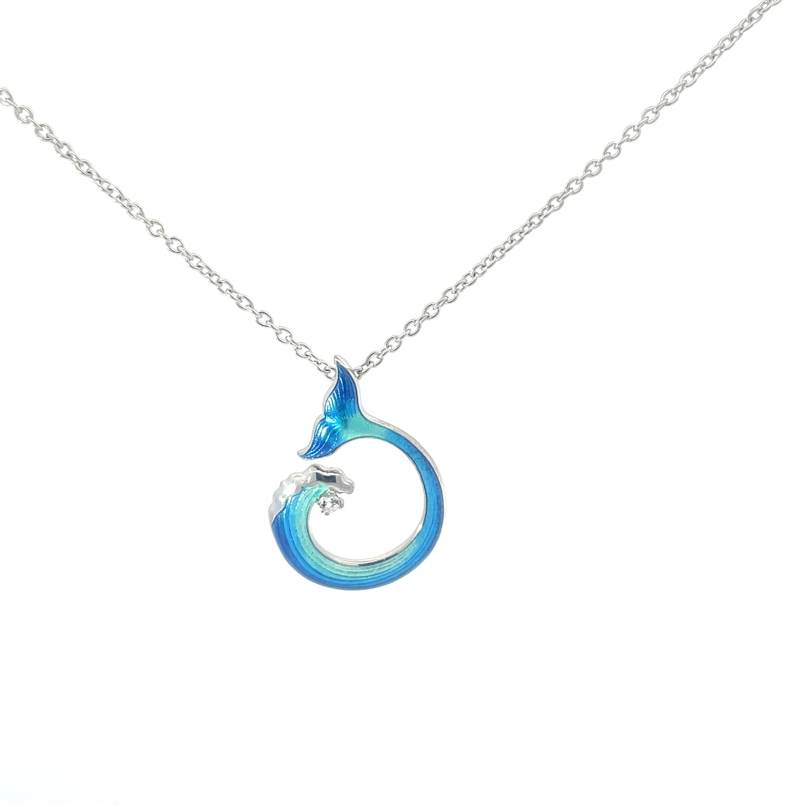 NNYA .jpg Sterling Silver hand enamel whales tail with white sapphire pendant on adjust chain rhod plated.