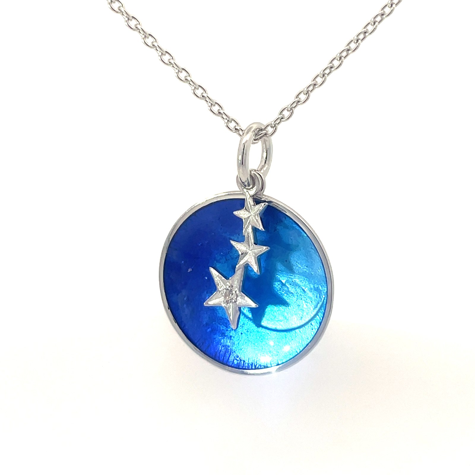NNYA .jpg Sterling Silver hand enamel 3 star sky white sapphire necklace on adjust chain rhod plate d