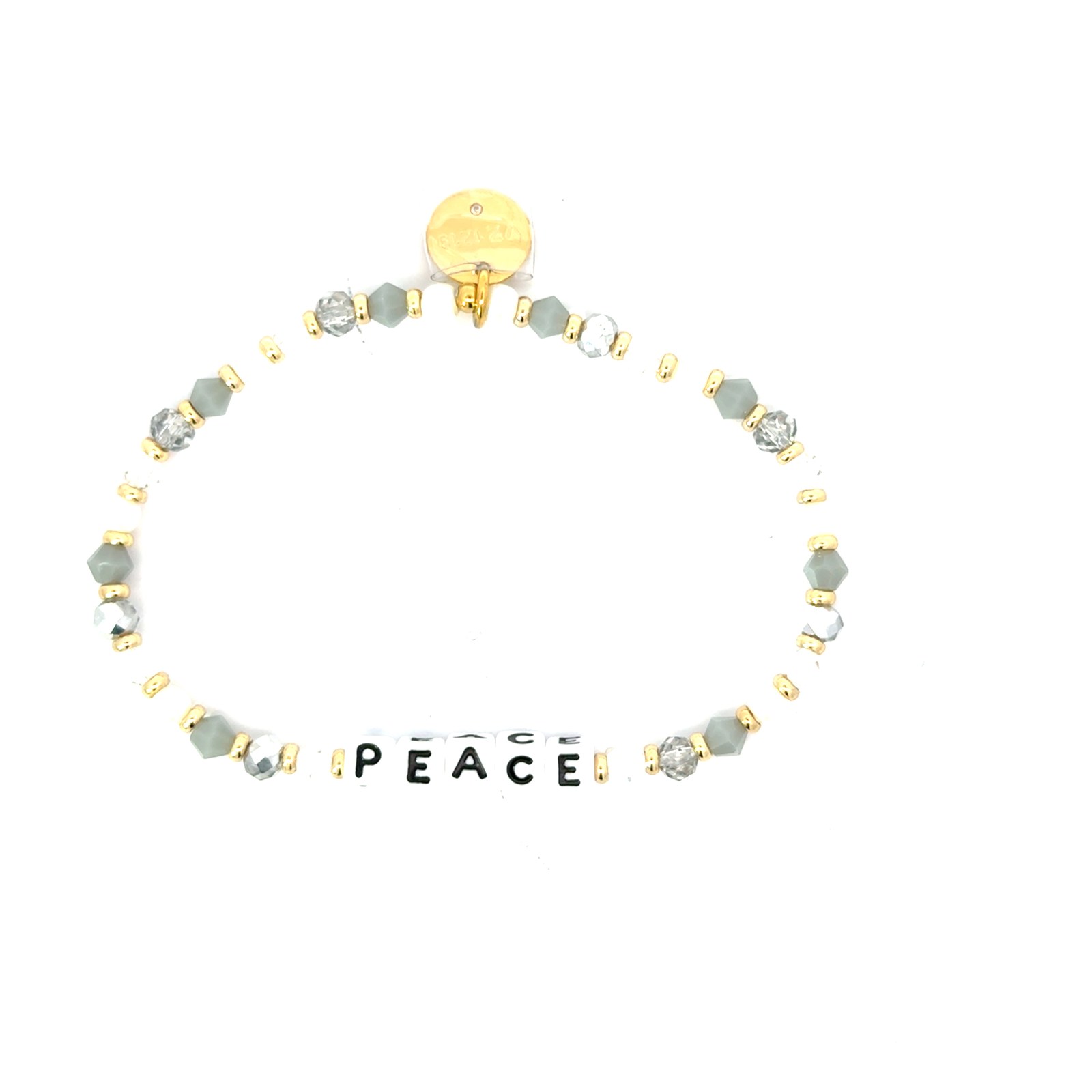 NVB PEA CAS .jpg Little words grey and white beaded stretch "peace" bracelet