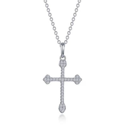 Pclp .jpg Sterling Silver Lafonn lassire simulated diamond pave cross pendant on adjustable chain D tw 0.38cts