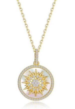 Sterling Silver gold plated mother of pearl and Lassire simulate diamond circle pendant D tw 0.68cts
