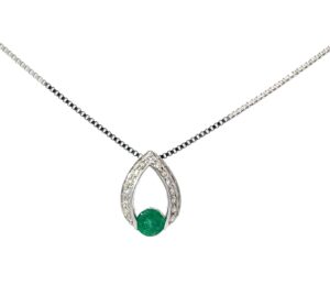 14 KT W/G DIAMOND EMERALD PENDANT, 1 ROUND GEN EMERALD 0.15 PTS T/W 0.14 PTS