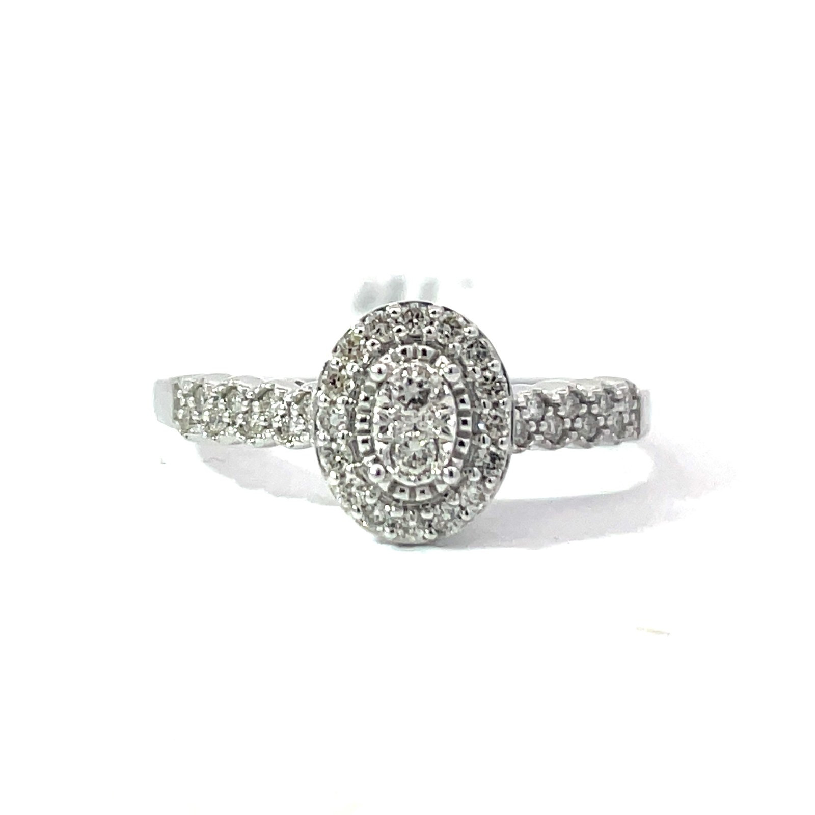 PRAW 14kt white gold diamond cluster oval halo eng ring D tw 0.25cts SI, H