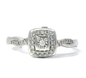 14kt white gold diamond cushion shape halo eng ring D tw 0.16cts SI, G/H