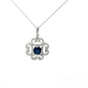 14kt white gold diamond and sapphire filigree pendant D tw 0.33cts S tw 1.05cts 18"