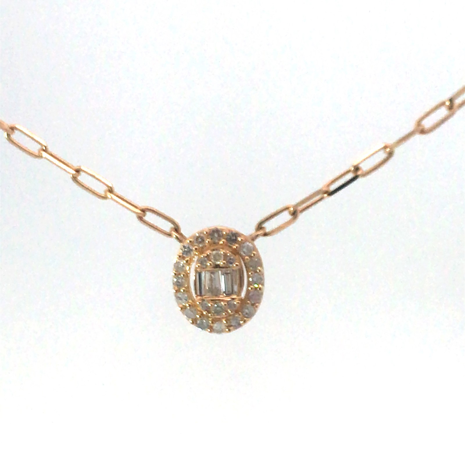 PSBS .jpg 14kt yellow gold diamond oval halo cluster pendant on petite paperclip chain D tw 0.30cts SI, near colorless H color 16"