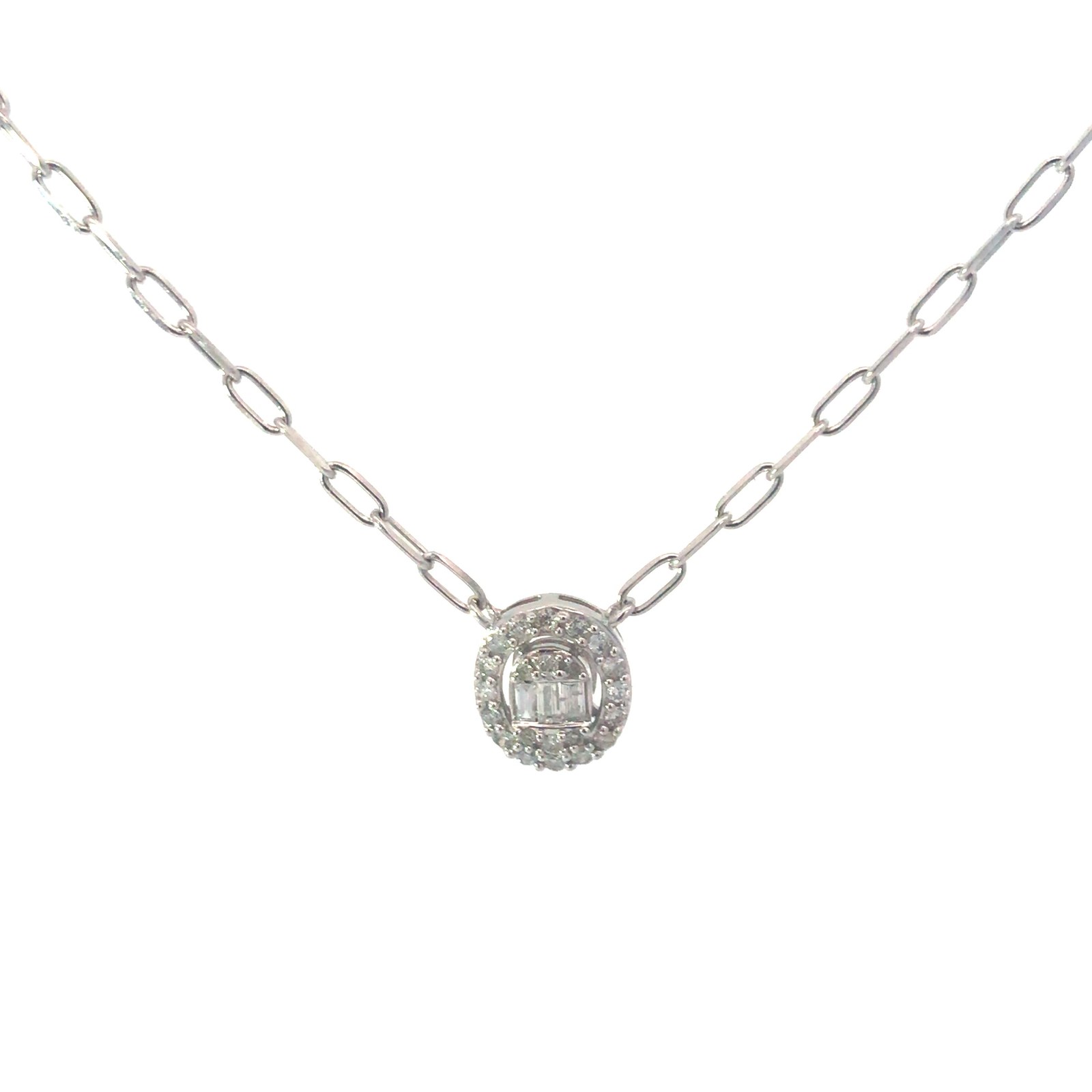 PSBS .jpg 14kt white gold diamond cluster oval pendant on paper clip chain D tw 0.30cts 16" SI, near colorless H color