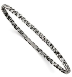 Sterling Silver rhodium plated antiqued braided 3.5mm slip on bangle bracelet