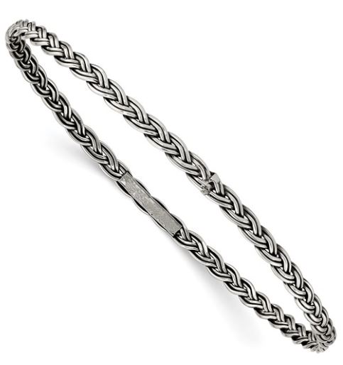 QB .jpg Sterling Silver rhodium plated antiqued braided 3.5mm slip on bangle bracelet