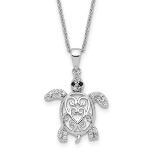 Sterling Silver rhodium plated brilliant cut black glass and white cubic zirconia filigree turtle necklace 18"