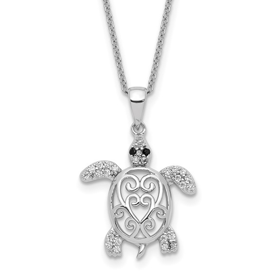 QCM .jpg Sterling Silver rhodium plated brilliant cut black glass and white cubic zirconia filigree turtle necklace 18"