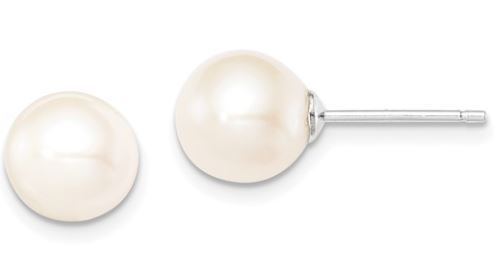 Sterling Silver rhodium plated 8-9mm white freshwater pearl stud earring