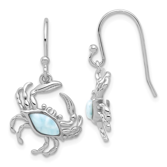 Sterling Silver rodium plated genuine larimar dangel crab earring with fish hooks