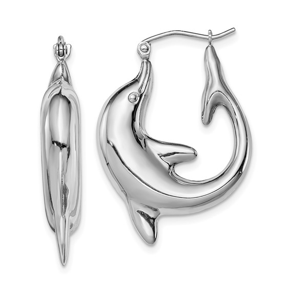 Sterling Silver rhodium plated shiny dolphin hoop earrings