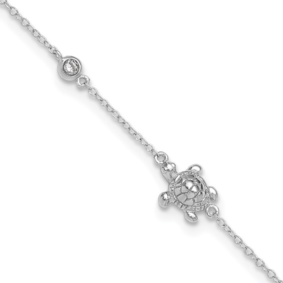 Sterling Silver rhodium plated cubic zirconia and turtle ankle bracelet 9" plus 1 " extender