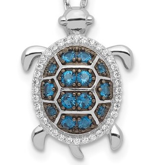 Sterling Silver rhodium and black rhodium plated cubic zirconia turtle necklace 16" plus 2" extender