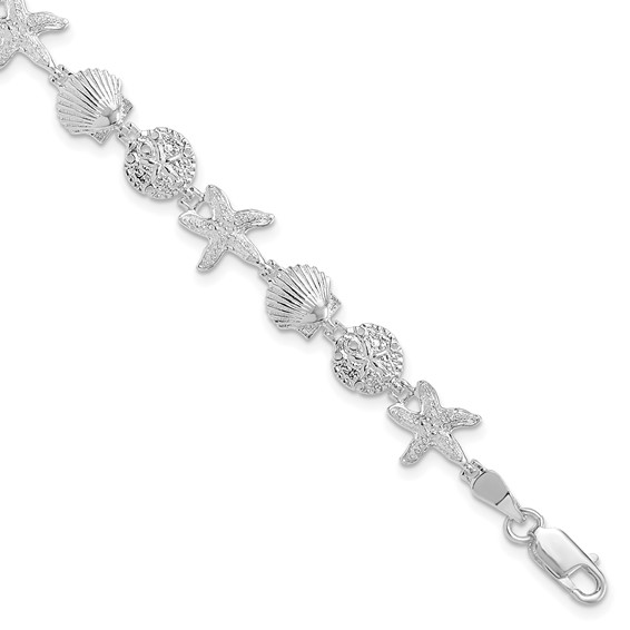 sterling silver sealife bracelet shell, sanddollar, starfish 7.50"