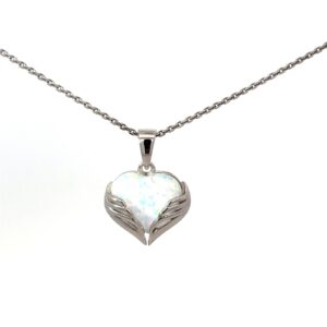 Sterling Silver Rhodium-plated White Created Opal Heart Wings on 1.4mm diamond cut cable chain 18"Pendant
