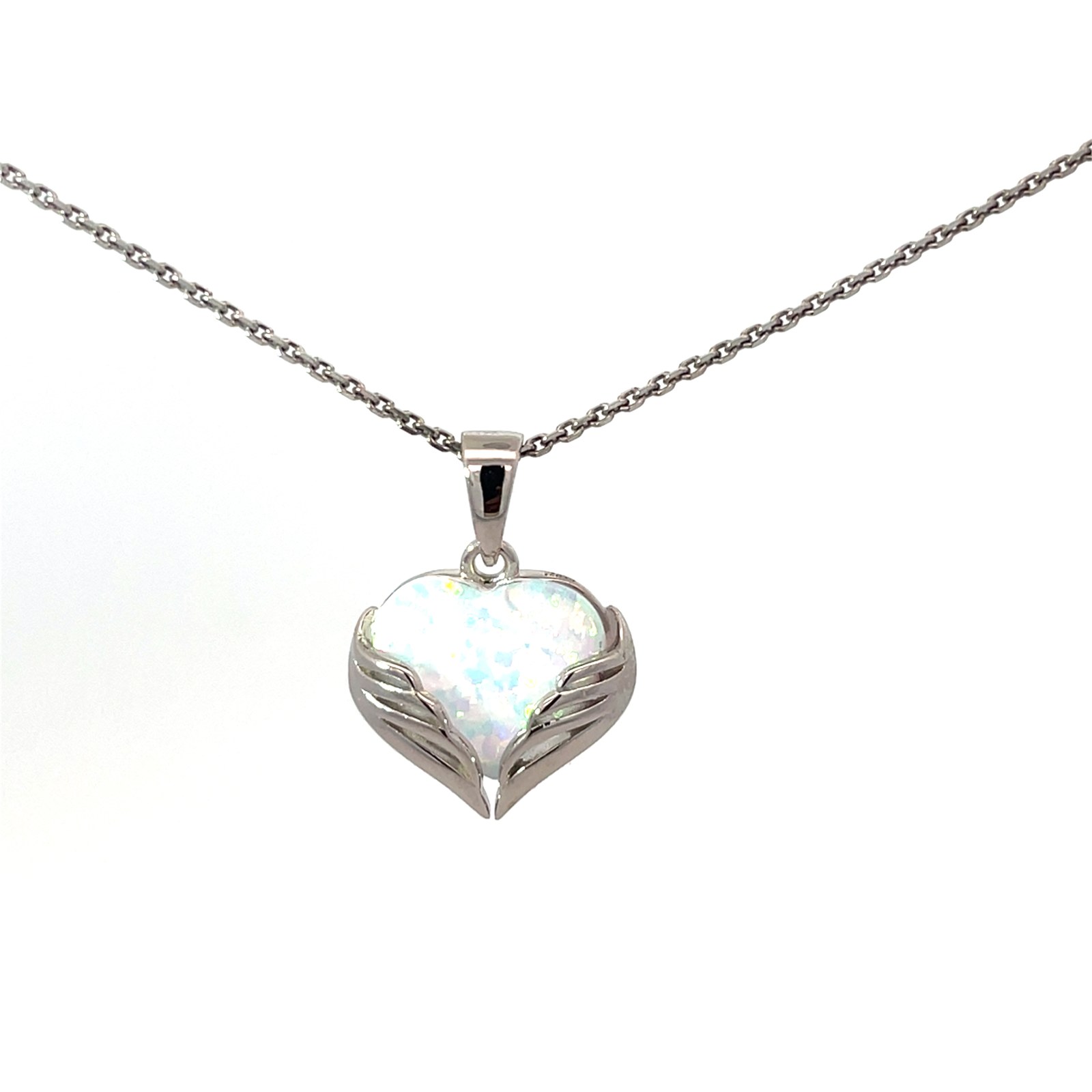 Sterling Silver Rhodium-plated White Created Opal Heart Wings on 1.4mm diamond cut cable chain 18"Pendant