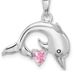 Sterling Silver rhodium plated Pink CZ Dolphin Pendant 1.4mm diamond cut cable chain 18" with claw catch