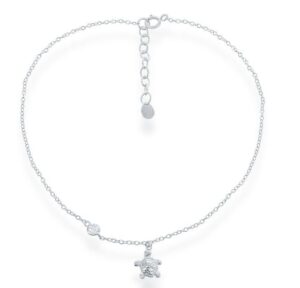 Sterling Silver turtle charm with single cz ankle bracelet