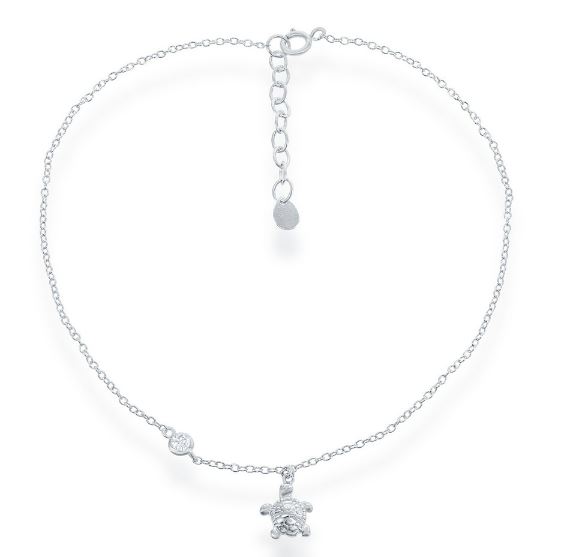Sterling Silver turtle charm with single cz ankle bracelet