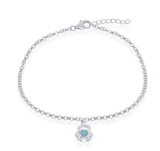 R .jpg Sterlign Silver rhodium plated genuine larimar dangle crab ankle bracelet 9" with 1 " extention