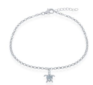 Sterling Silver rhodium plated genuine larimar dangle turtle ankle bracelet 9" with 1 " extention
