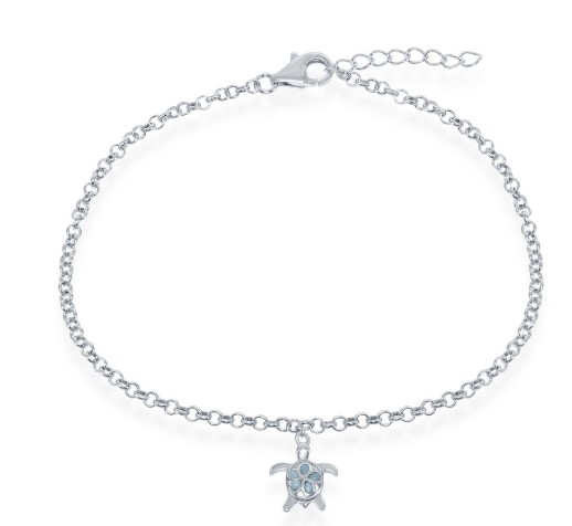 Sterling Silver rhodium plated genuine larimar dangle turtle ankle bracelet 9" with 1 " extention
