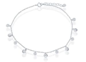 Sterling Silver Rhodium Plated Altering Cubic Zirconia And Shiny Disc Anklet 9" with 1" extention