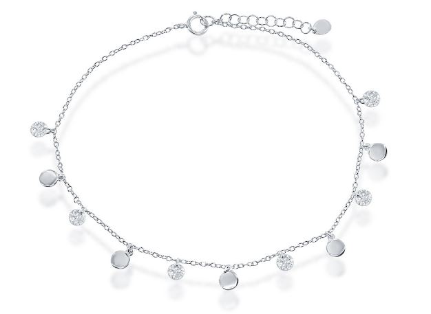 R .jpg Sterling Silver Rhodium Plated Altering Cubic Zirconia And Shiny Disc Anklet 9" with 1" extention