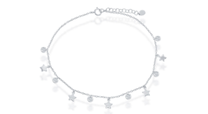Sterling Silver alternating cubic zirconia shiny and matte dangle star ankle bracelet 9+1"