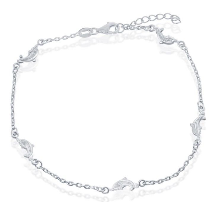 Sterling Silver rhodium plated dolphin ankle bracelet 9+1"