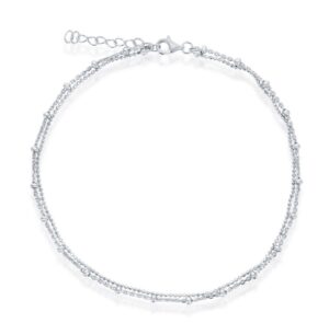 Sterling Silver rhodium plated double stand beaded ankle bracelet 9"+1"