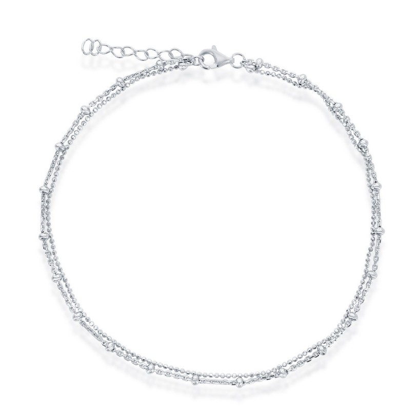 Sterling Silver rhodium plated double stand beaded ankle bracelet 9"+1"