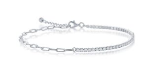 Sterling Silver Rhodium Plated Half Cubic Zirconia Tennis And 3.5Mmm Paperclip Ankle Bracelet 9" With 1" Extention