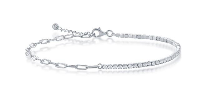 Sterling Silver Rhodium Plated Half Cubic Zirconia Tennis And 3.5Mmm Paperclip Ankle Bracelet 9" With 1" Extention