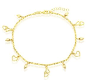 Sterling Silver gold plated hearts and beads dangle charm bracelet 10"