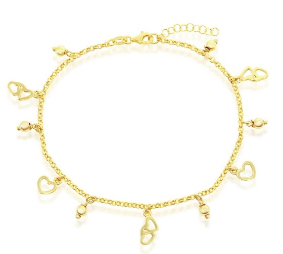 Sterling Silver gold plated hearts and beads dangle charm bracelet 10"