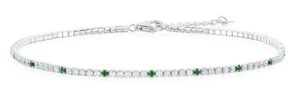 Sterling Silver rhodium plated round clear and green cubic zirconia ankle bracelet 9 +1"