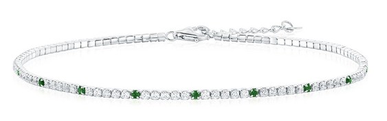 R .jpg Sterling Silver rhodium plated round clear and green cubic zirconia ankle bracelet 9 +1"