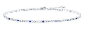 Sterling Silver rhodium plated cubic zirconia white and blue tennis ankle bracelet 9"+1"