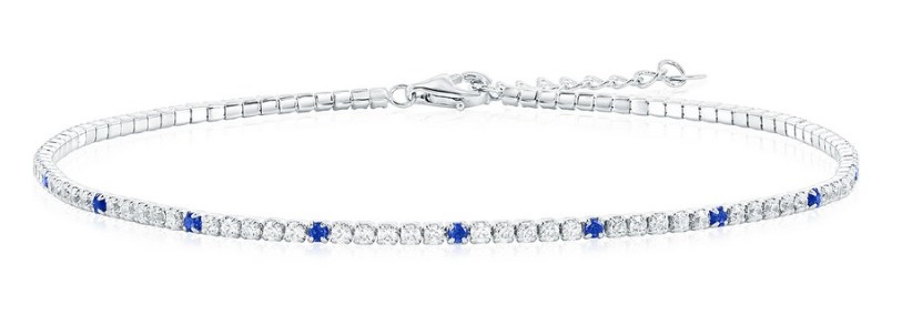Sterling Silver rhodium plated cubic zirconia white and blue tennis ankle bracelet 9"+1"