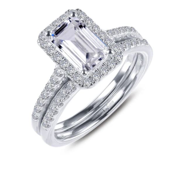 Sterling Silver platinum bonded lassire simulated emerald cut halo bridal set tw 2.16cts size 8