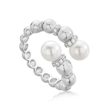 R H .jpg Sterling Silver pearl and cz sparkle wrap rhodium plated adjustable ring