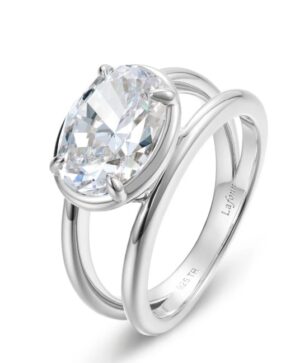 Sterling Silver Platinum Bonded Lassire Simulated Diamond Floating Oval bezel set split shank tw 2.88cts size 8