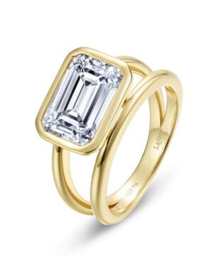 Sterling Silver Gold Plated Gloating Emerald Cut Lassire Simulated Diamond Bezel set shank ring size 7 tw 3.20cts