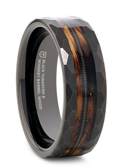 RIFF Black Tungsten made with Charred Genuine Whiskey Barrels Used By Jack Daniel's® Distillery and Guitar String ring - 8mm size 11